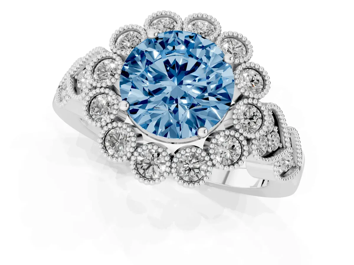 Fancy Blue Round Cut Brilliant Milgrain Pave Heart Band Solitaire Ring Silver