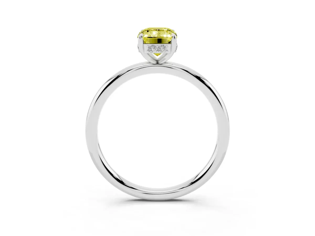 Fancy Yellow Emerald Cut Solitaire Diamond Ring with a Classic Band and Four-Prong Setting Silver
