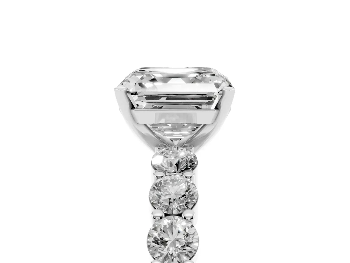 Asscher Cut Diamond Solitaire Ring with Shared Prong Round Side Stones Silver