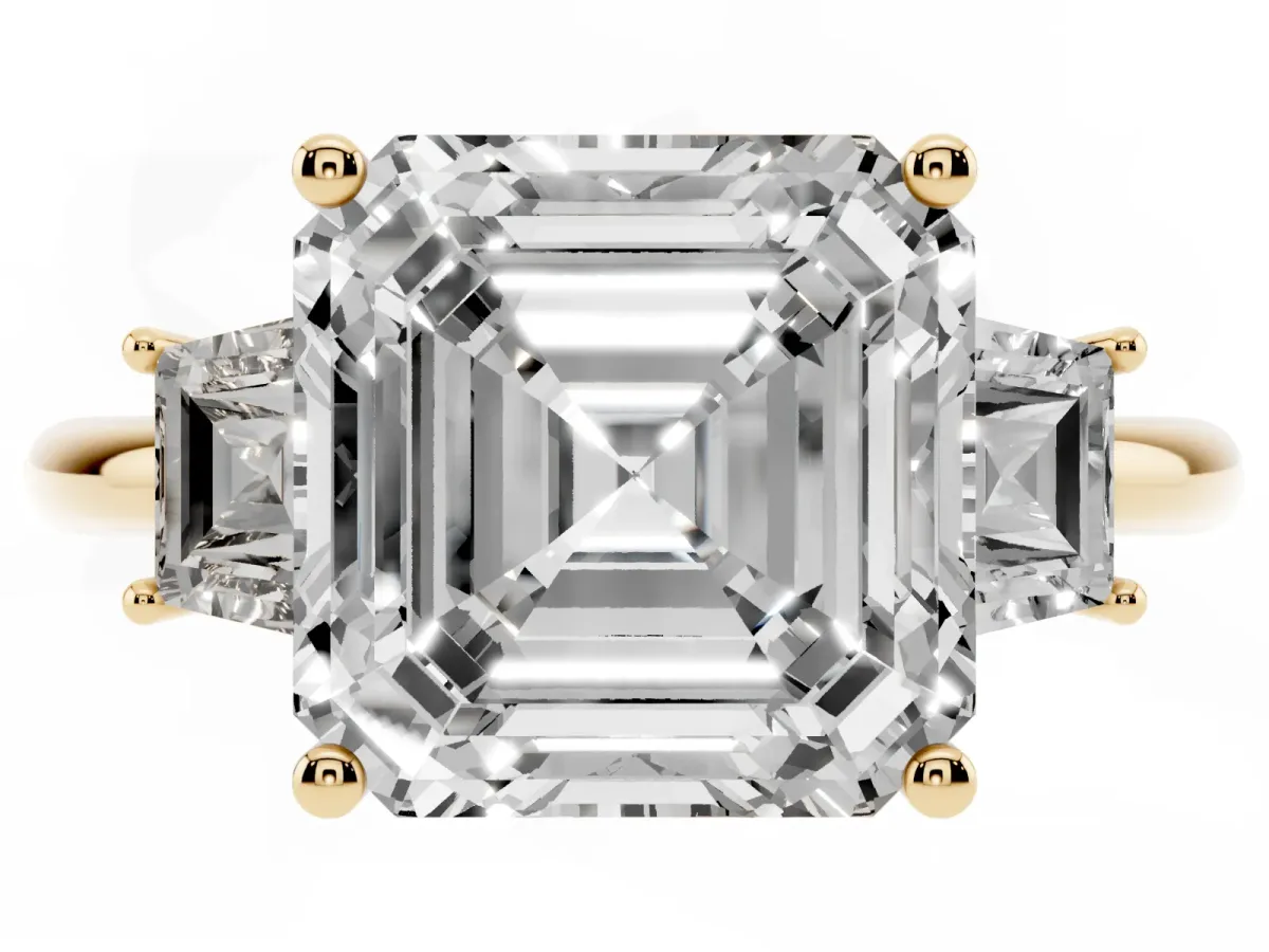 Asscher Cut Diamond Three-Stone Ring with Trapezoid Side Stones and Prong Setting Yellow gold