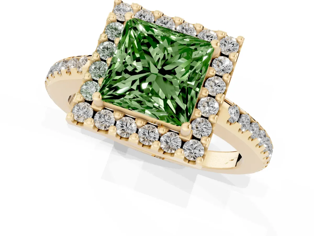 Fancy Green Princess Cut Diamond Pavé Halo Ring with Four-Prong Setting Yellow gold