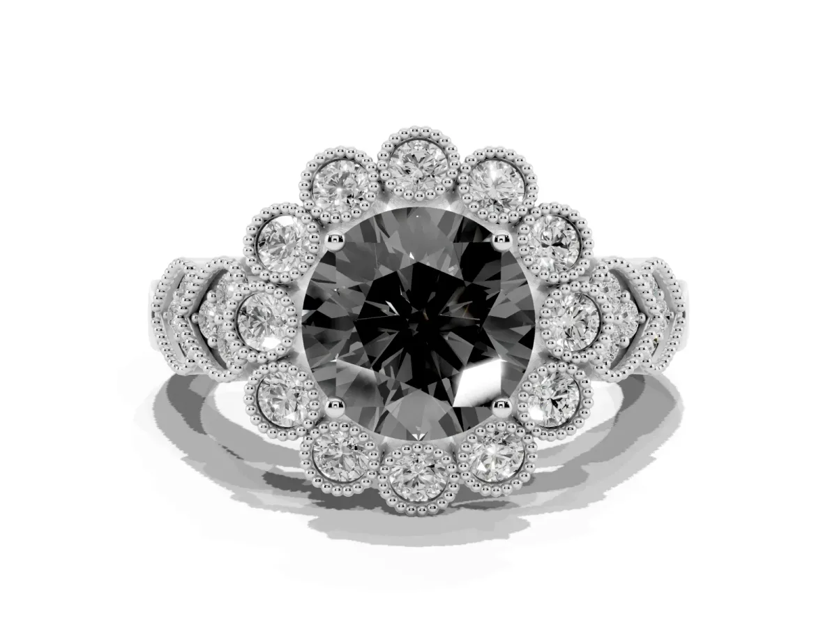 Fancy Black Round Cut Brilliant Milgrain Pave Heart Band Solitaire Ring Silver