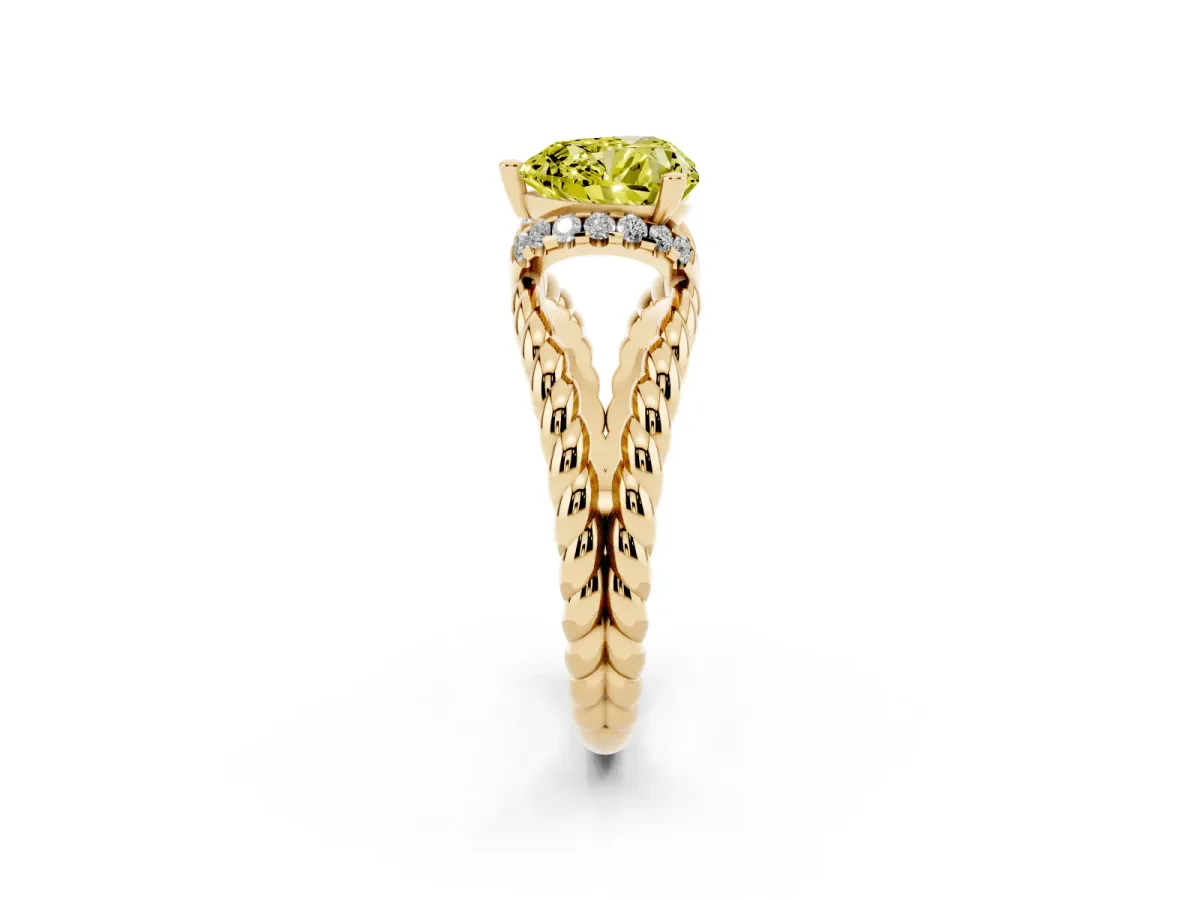 Fancy Yellow Heart Cut Halo Twisted Band Four-Prong Ring Yellow gold