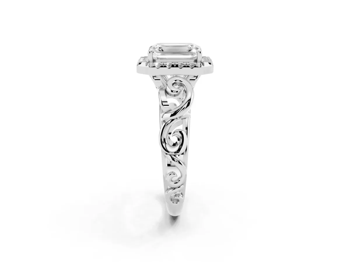 Emerald Cut Cut Halo Diamond Ring with Scrollwork Band and Four-Prong Setting Silver