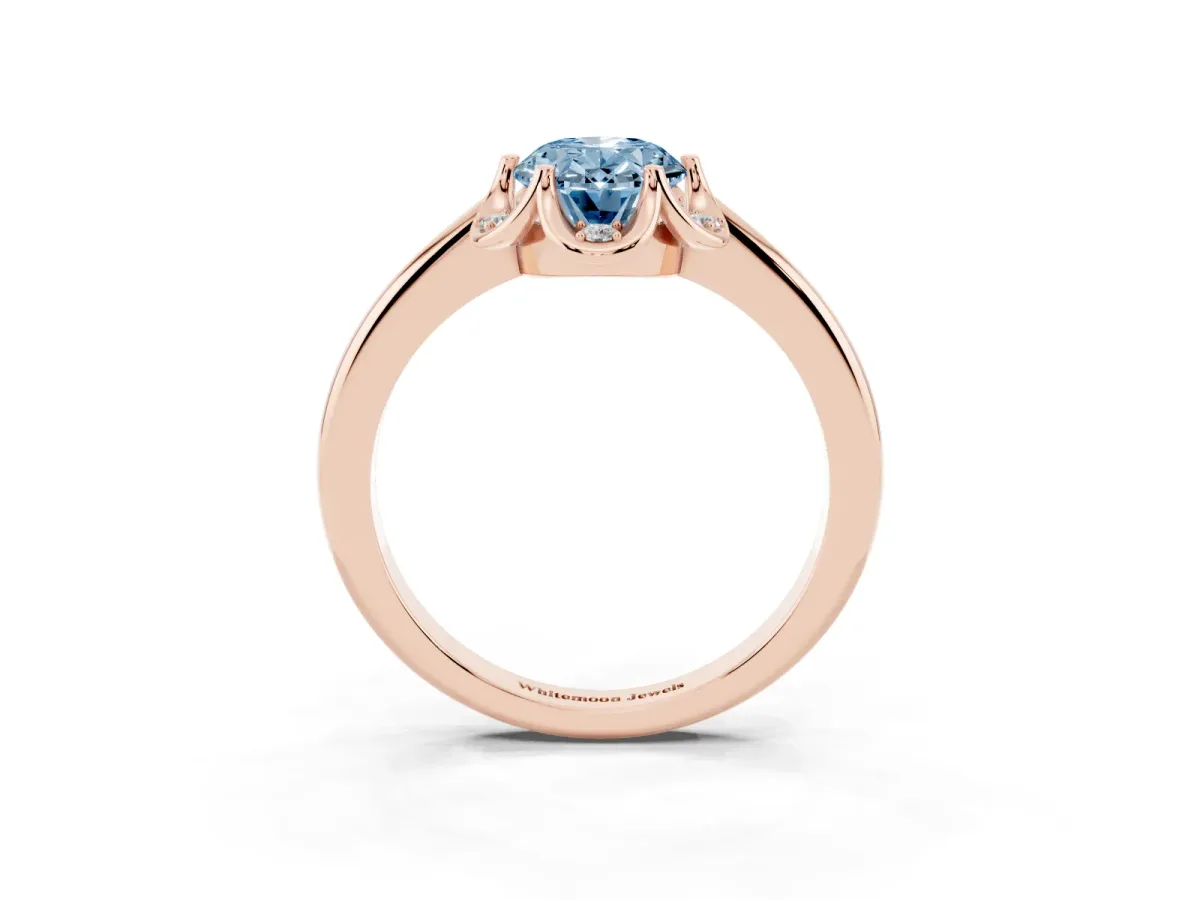 Fancy Blue Oval Cut Halo Diamond Ring with Round Cluster Setting, Solitaire Band, and Four-Prong Setting Rose gold