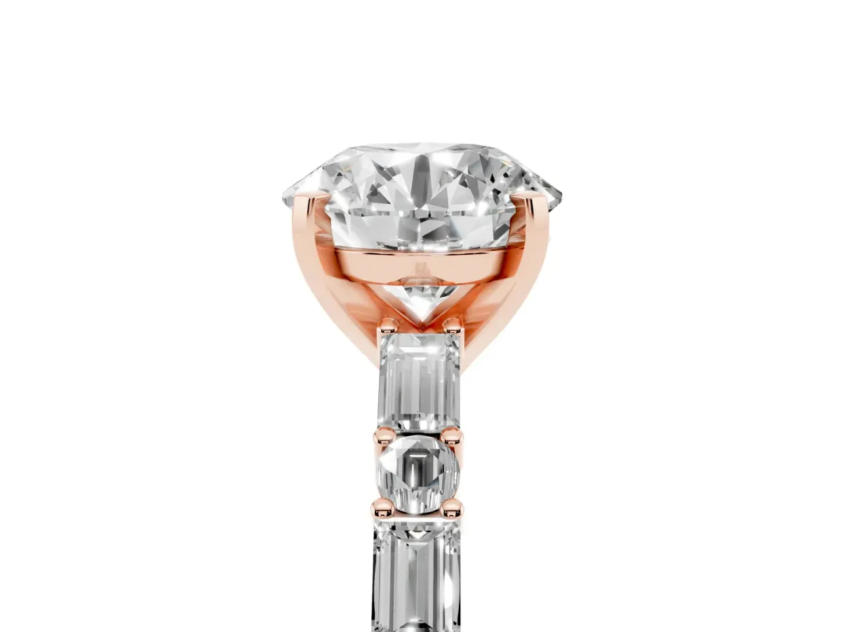 Round Cut Diamond Solitaire with Side Baguettes and Channel Set Band Rose gold
