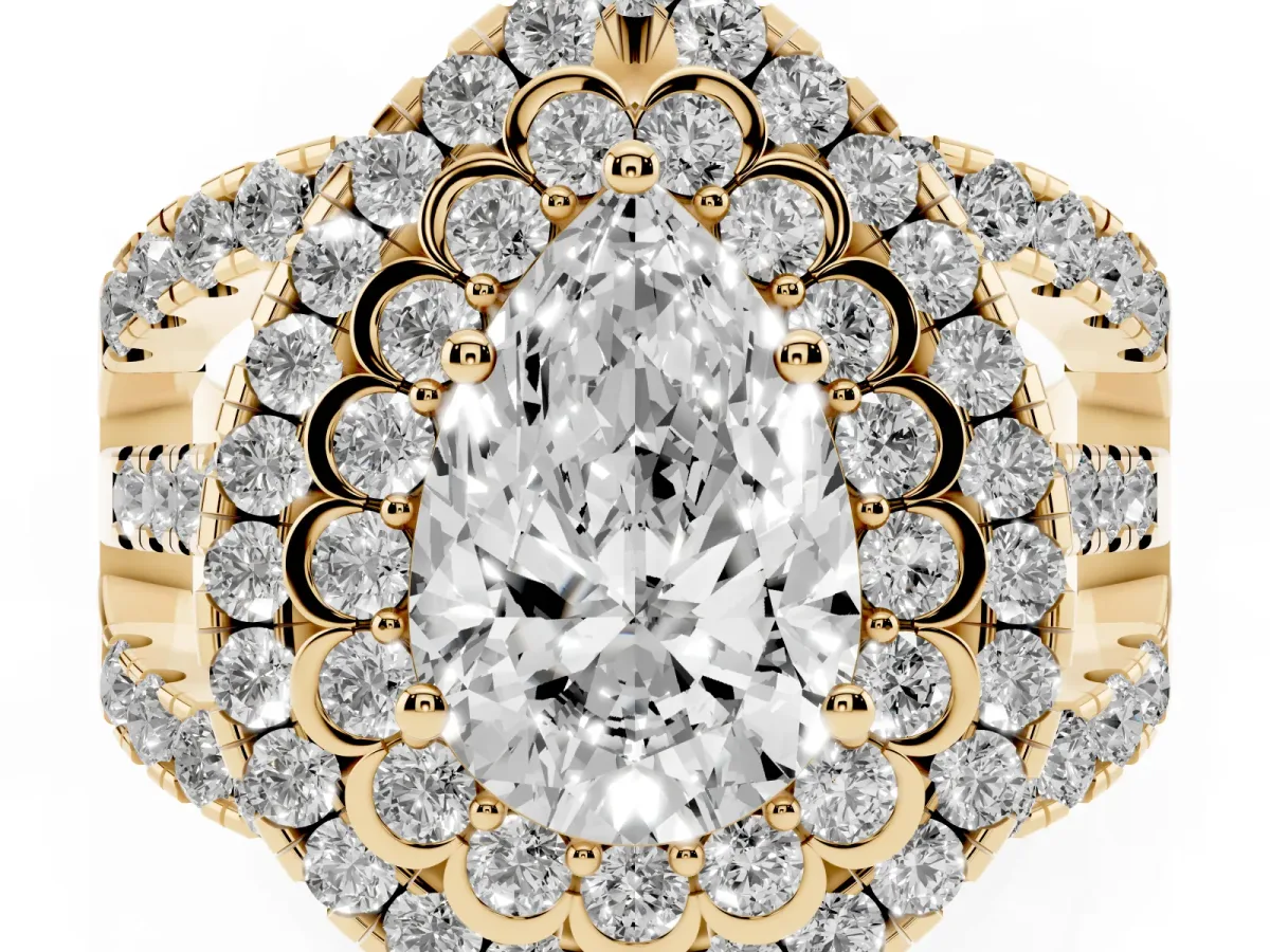 Pear Cut Diamond Double Halo Ring with Round Pavé Split Shank and Prong Setting Yellow gold