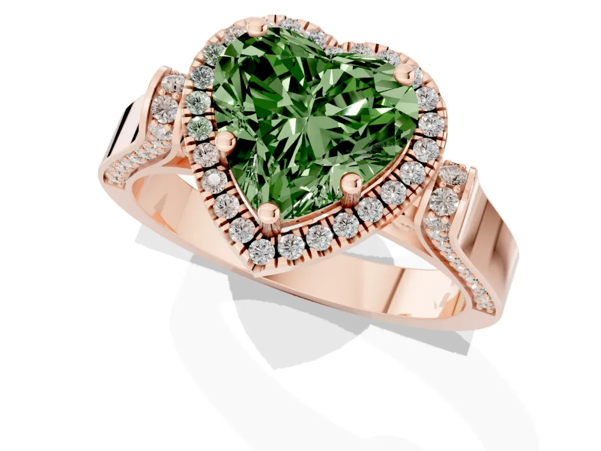 Fancy Green Heart Cut Halo Round Diamond Twist Band with Four-Prong Setting Rose gold