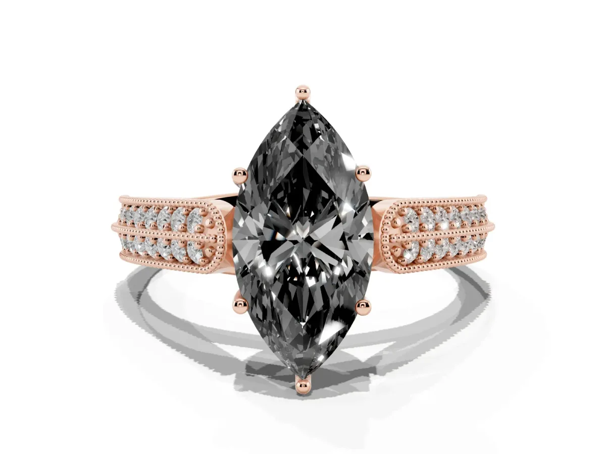 Fancy Black Marquise Cut Cut Pave Split Shank Engagement Ring with Four-Prong Setting Rose gold