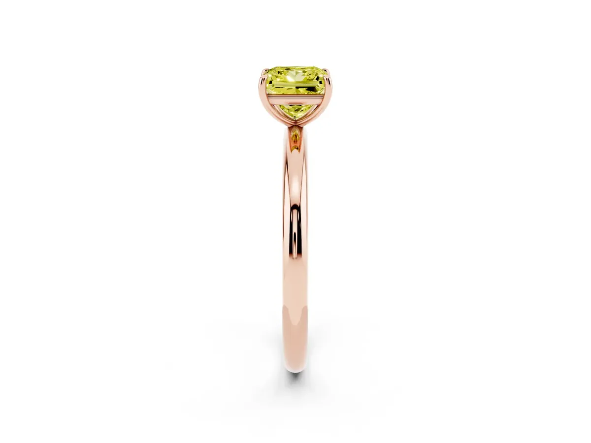 Fancy Yellow Princess Cut Solitaire Diamond Ring with Four-Prong Setting on a Plain Band Rose gold