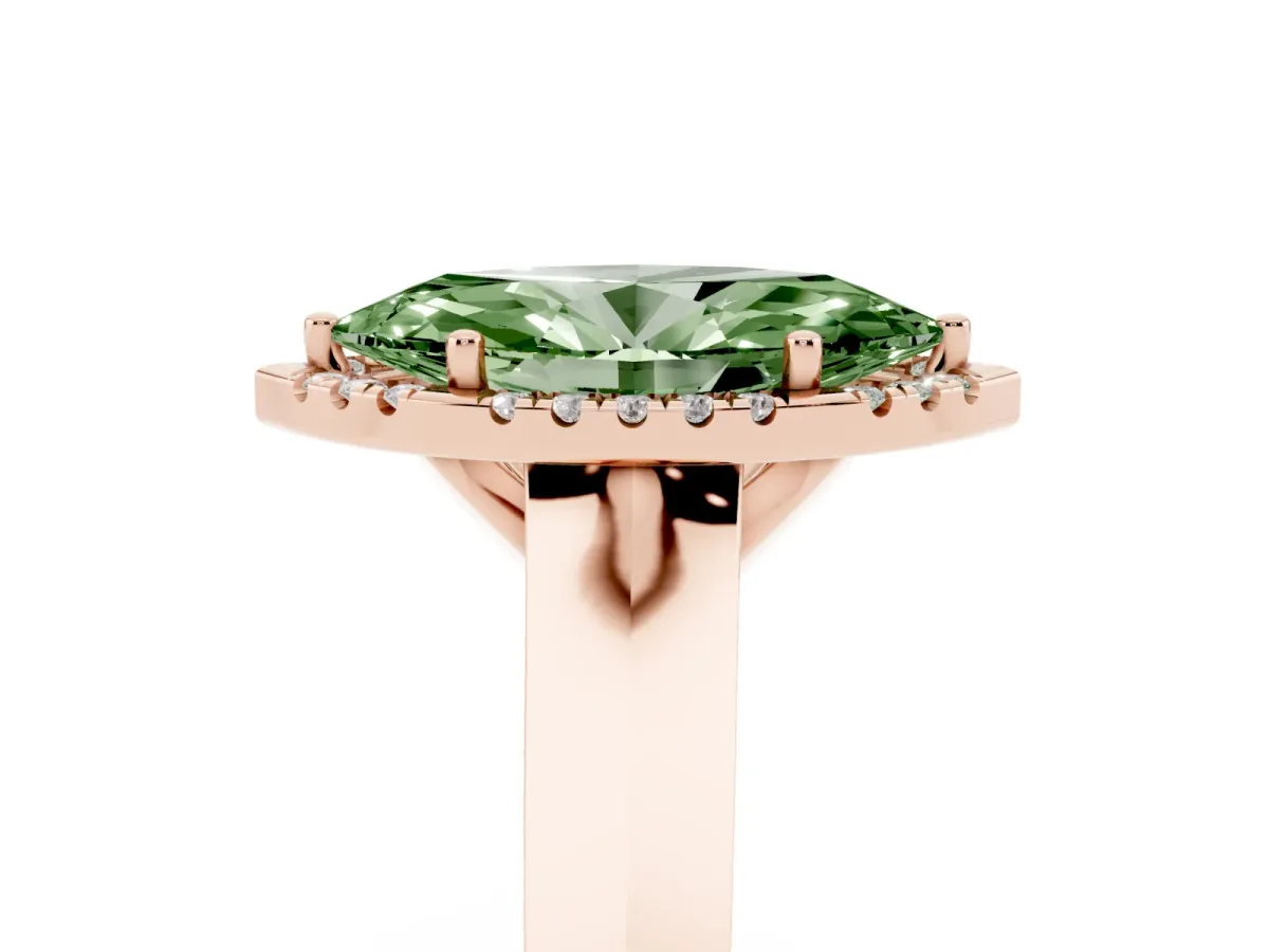 Fancy Green Marquise Cut Halo Diamond Ring with Cathedral Band and Four-Prong Setting Rose gold