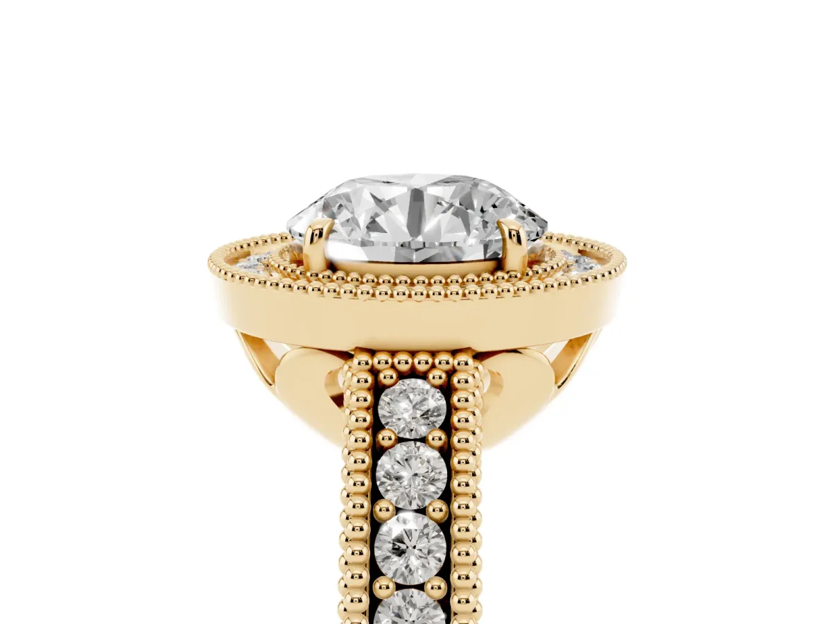 Round Cut Cut Halo Diamond Ring with Pavé Band and Four-Prong Setting Yellow gold