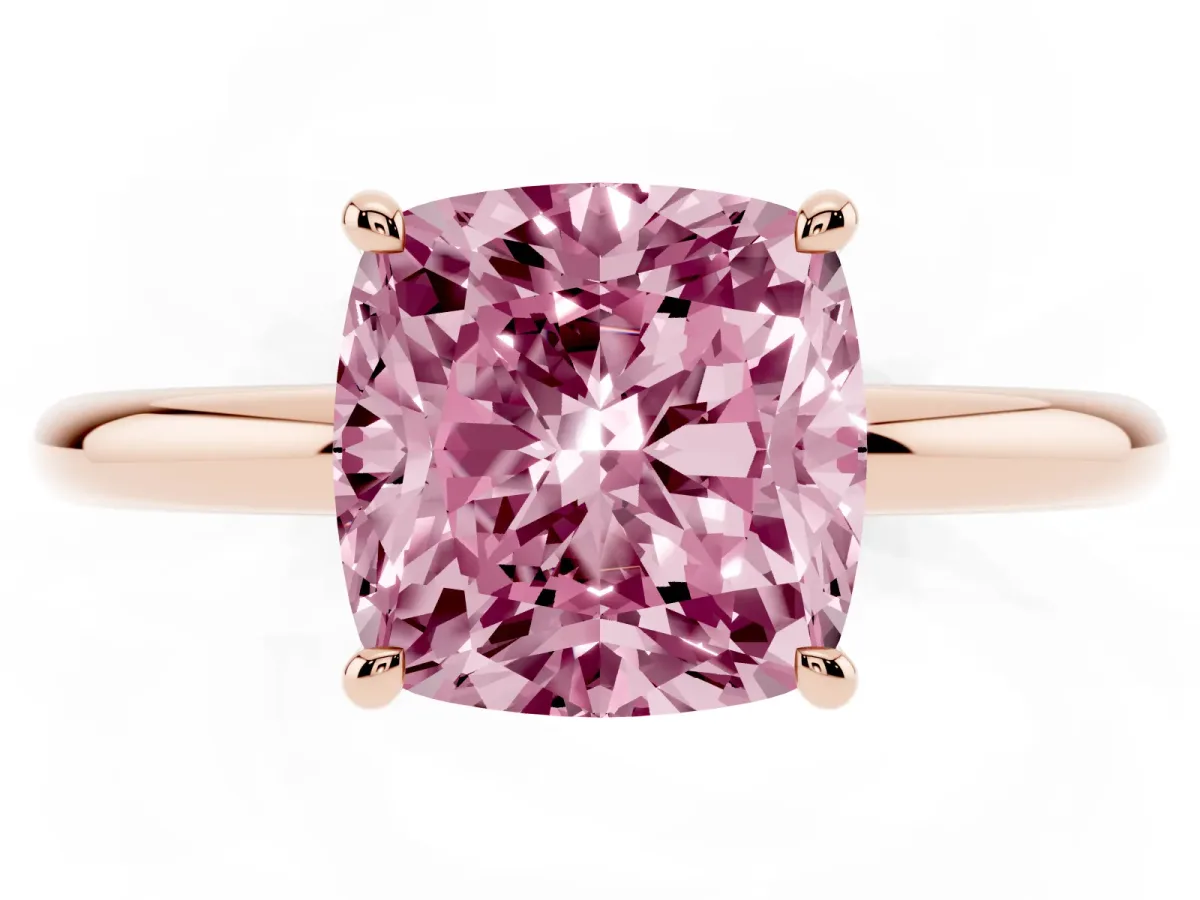 Fancy Pink Cushion Cut Diamond Solitaire Ring with Thin Band and Four-Prong Setting Rose gold