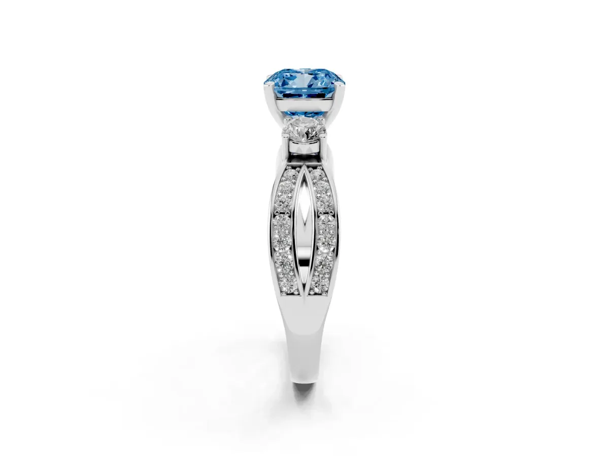 Fancy Blue Three-Stone Cushion Cut Cut Diamond Twist Band with Prong Setting Silver