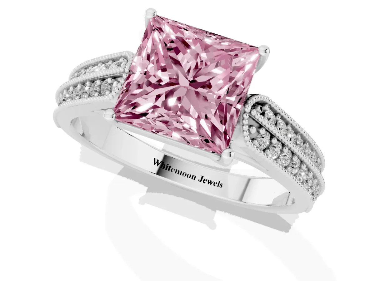 Fancy Pink Princess Cut Cut Pave Split Shank Engagement Ring with Four-Prong Setting White gold