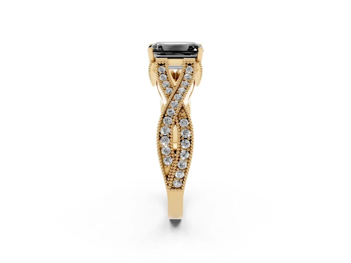 Fancy Black Emerald Cut Cut Diamond Twisted Band with Milgrain Pave Setting and Four-Prong Setting Yellow gold