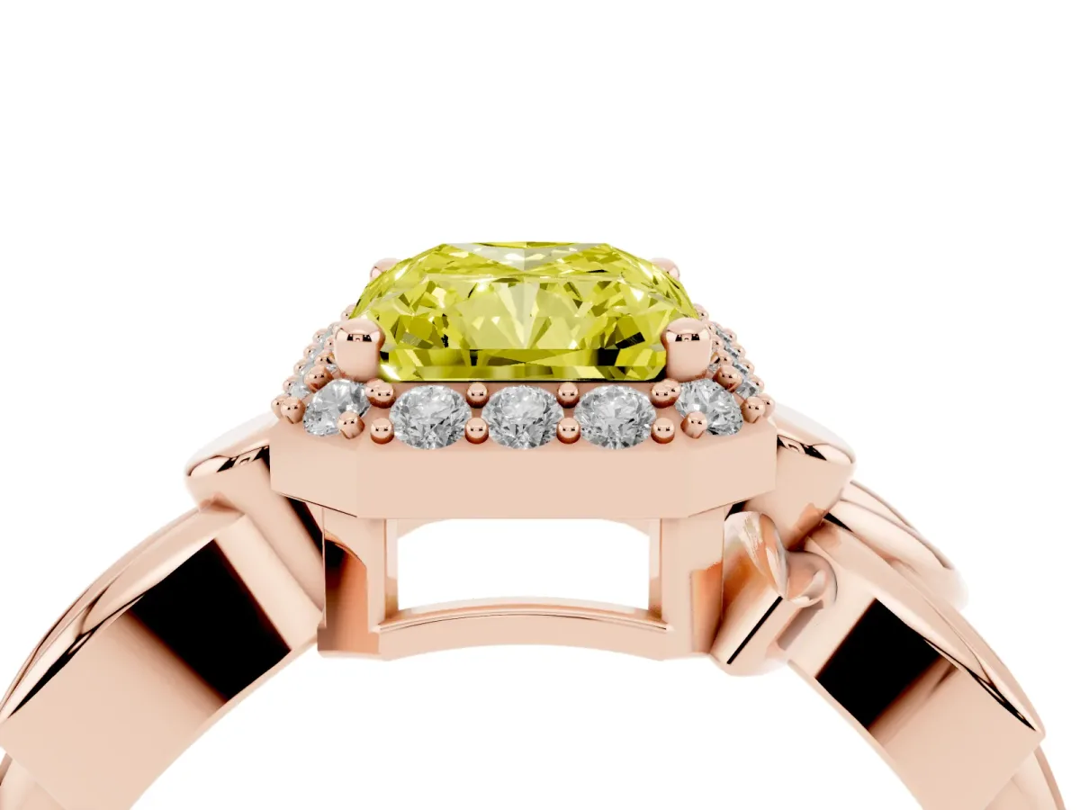 Fancy Yellow Radiant Cut Halo Diamond Floral Band with Four-Prong Setting Rose gold
