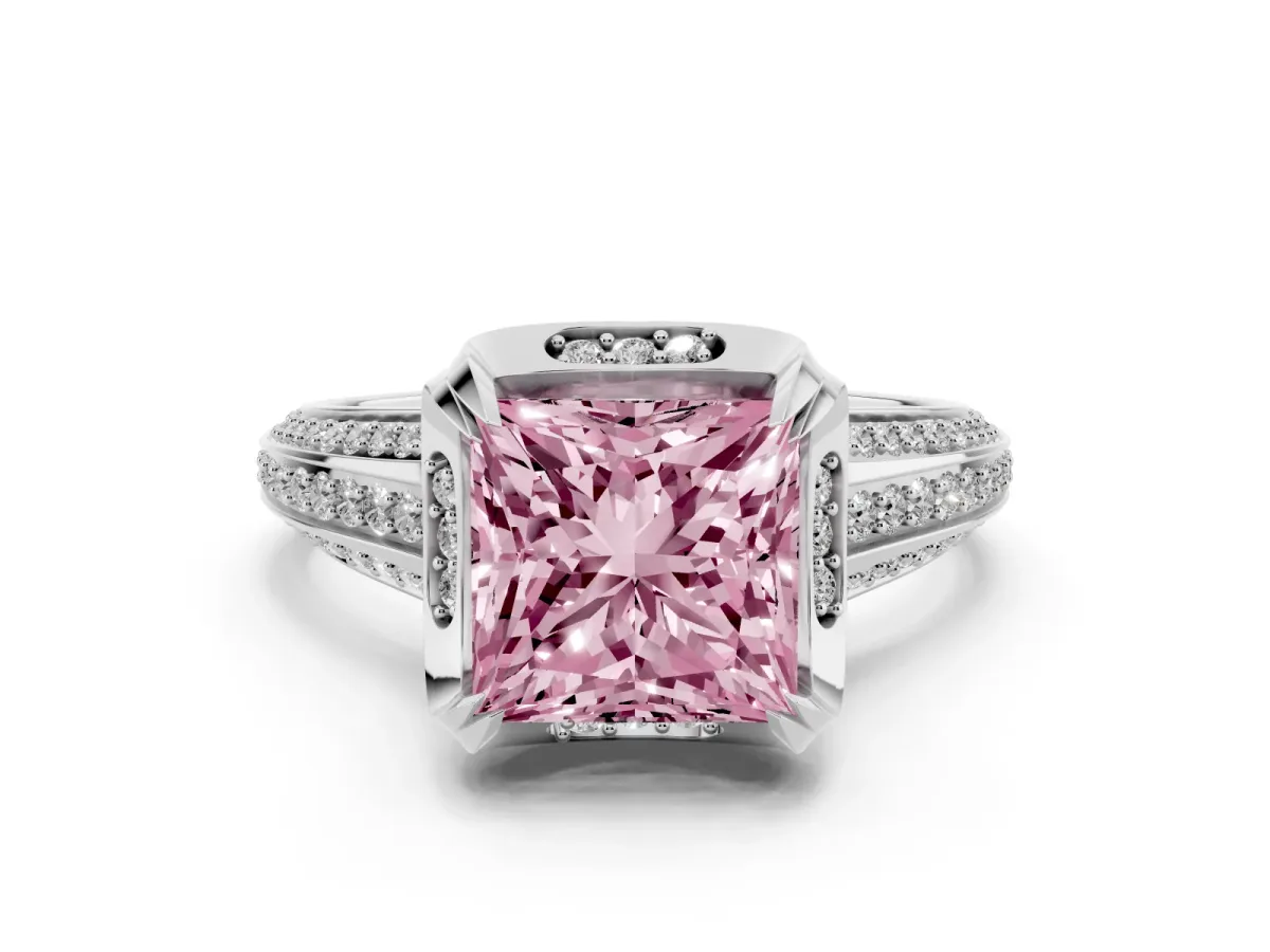 Fancy Pink Princess Cut Solitaire Pave Split Shank Ring with Four-Prong Setting Silver