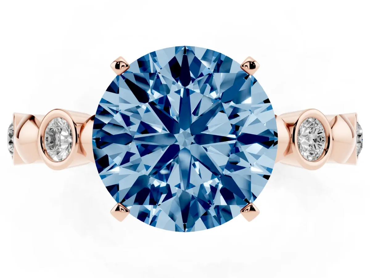 Fancy Blue Round Cut Solitaire Bezel-Set Diamond Ring with Beaded Band and Four-Prong Setting Rose gold