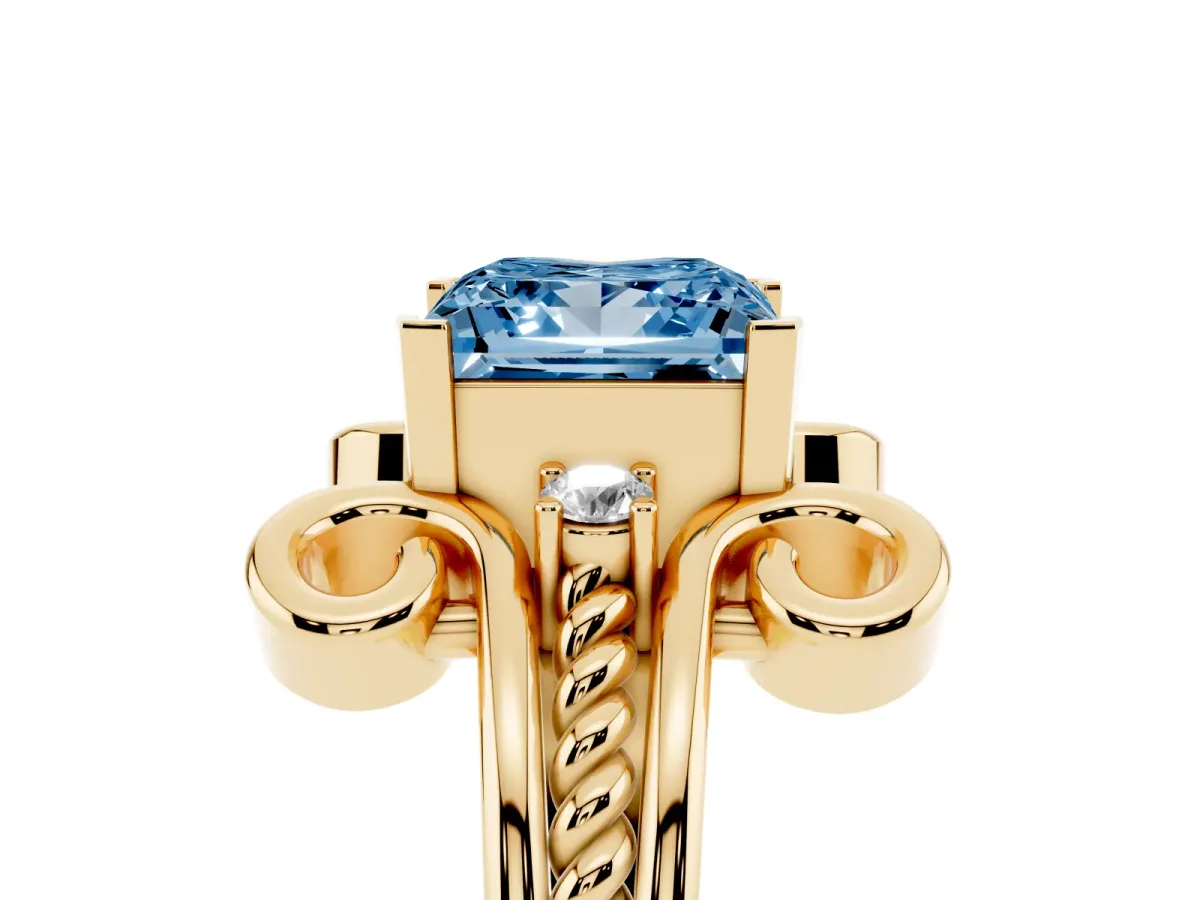 Fancy Blue Princess Cut Solitaire Twisted Band Scroll Prong Ring Yellow gold