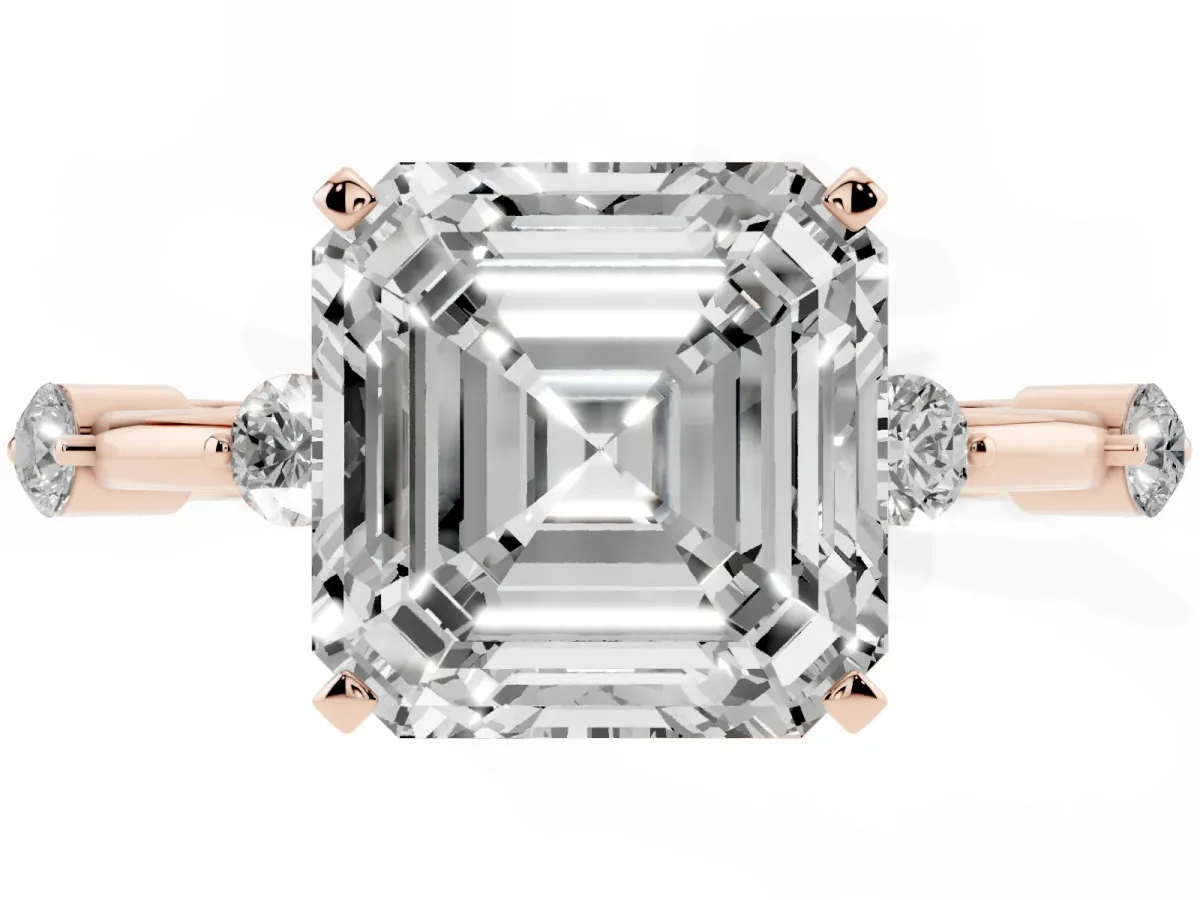 Asscher Cut Solitaire Diamond Ring with Bezel Set Side Stones and Prong Setting Rose gold