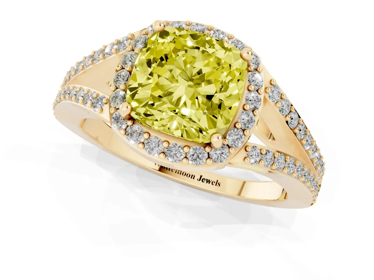 Fancy Yellow Cushion Cut Halo Split Shank Diamond Ring with Prong Setting Yellow gold