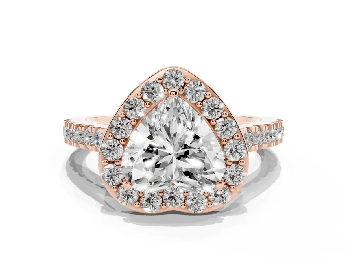 Heart Cut Diamond Halo Ring with Round Pavé Split Shank and Prong Setting Rose gold