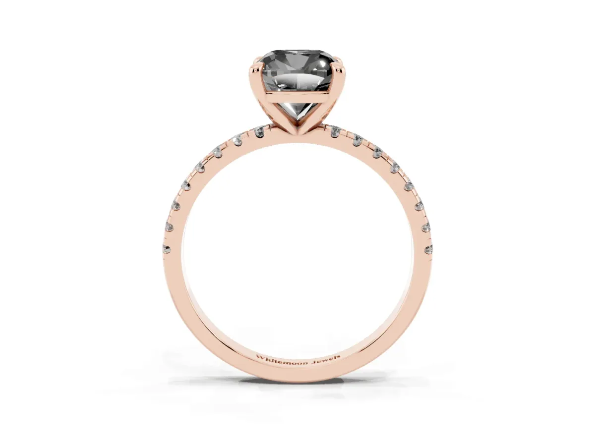 Fancy Black Cushion Cut Diamond Brilliant Solitaire Ring with Pavé Band and Four-Prong Setting Rose gold