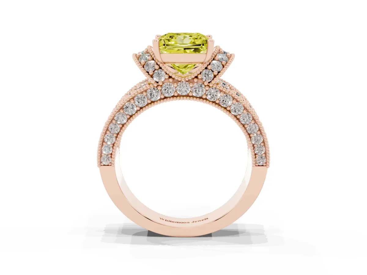 Fancy Yellow Princess Cut Halo Pave Diamond Engagement Ring with Milgrain Detailing Rose gold