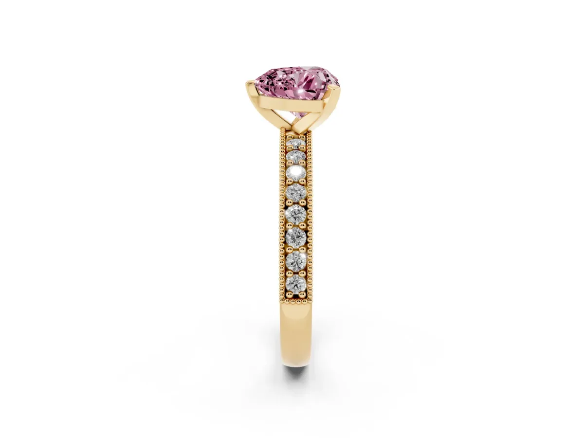 Fancy Pink Heart Cut Diamond Milgrain Pavé Engagement Ring with Four-Prong Setting Yellow gold