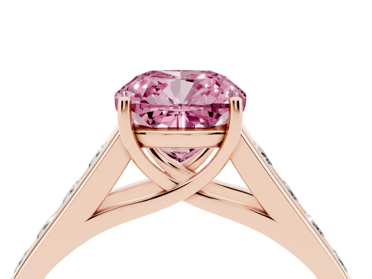 Fancy Pink Cushion Cut Brilliant Channel-Set Solitaire Ring with Four-Prong Setting Rose gold