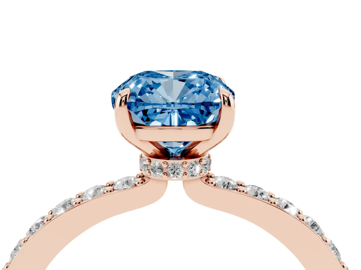 Fancy Blue Cushion Cut Diamond Solitaire Engagement Ring with Pavé Band and Four-Prong Setting Rose gold