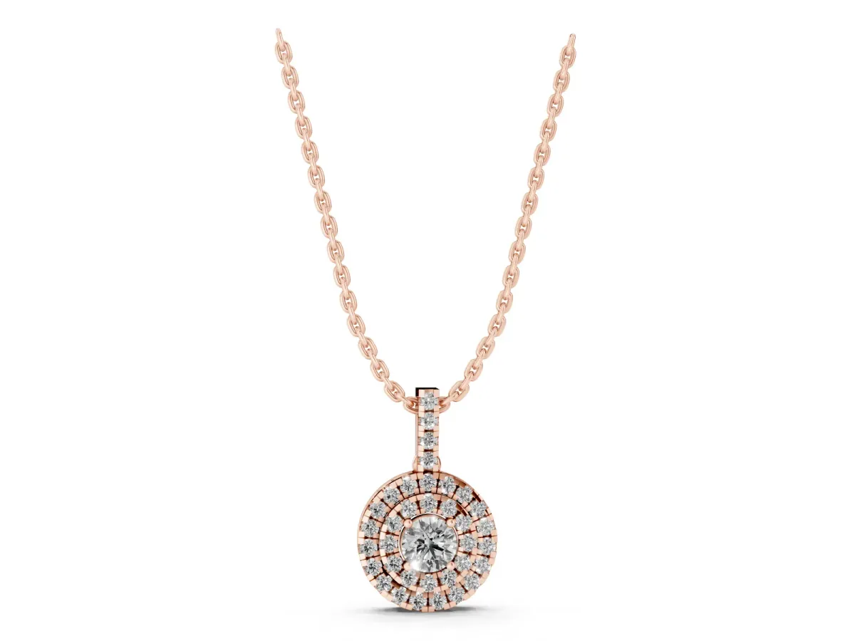 Round Double Halo Prong Set Diamond Pendant Rose gold