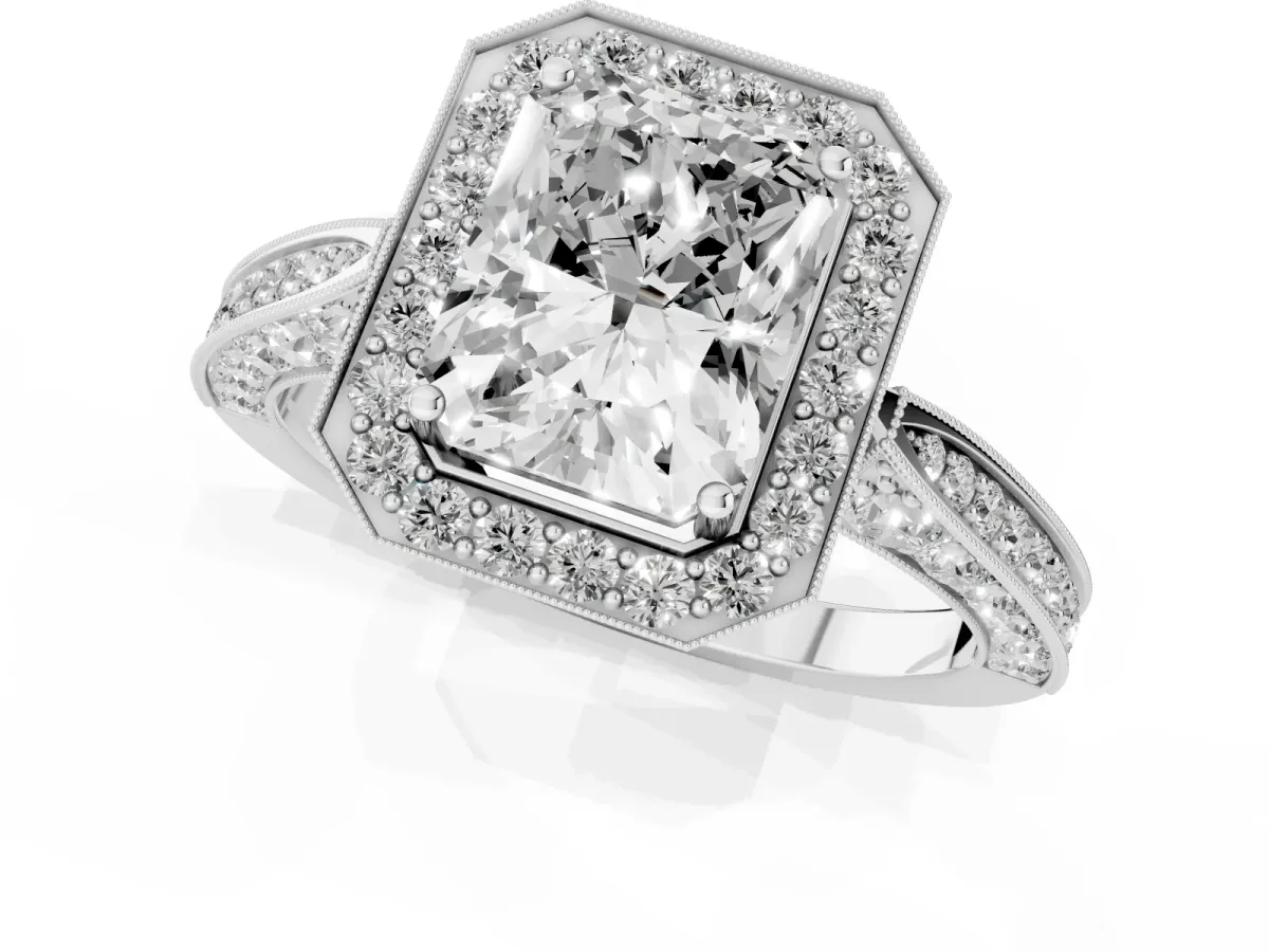 Radiant Cut Halo Diamond Engagement Ring with Split Shank Band and Four-Prong Setting Silver