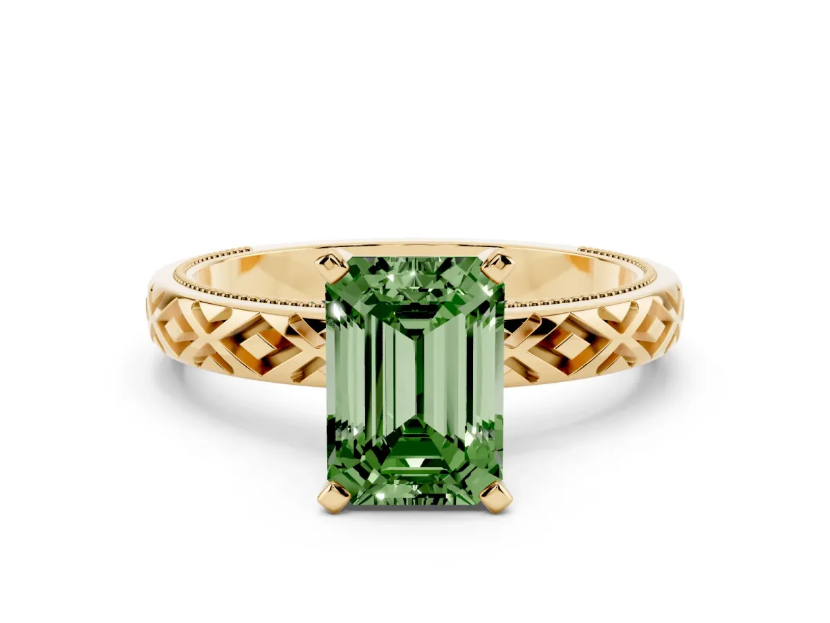 Fancy Green Emerald Cut Solitaire Diamond Ring with Milgrain and Black Enamel X Pattern Band Yellow gold