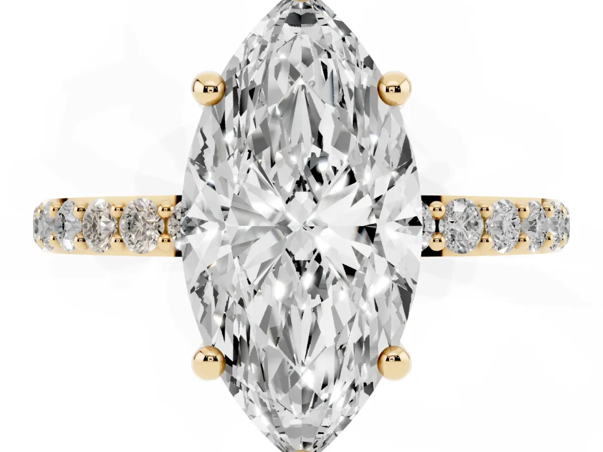 Marquise Cut Diamond Solitaire Ring with Round Pavé Band and Prong Setting Yellow gold