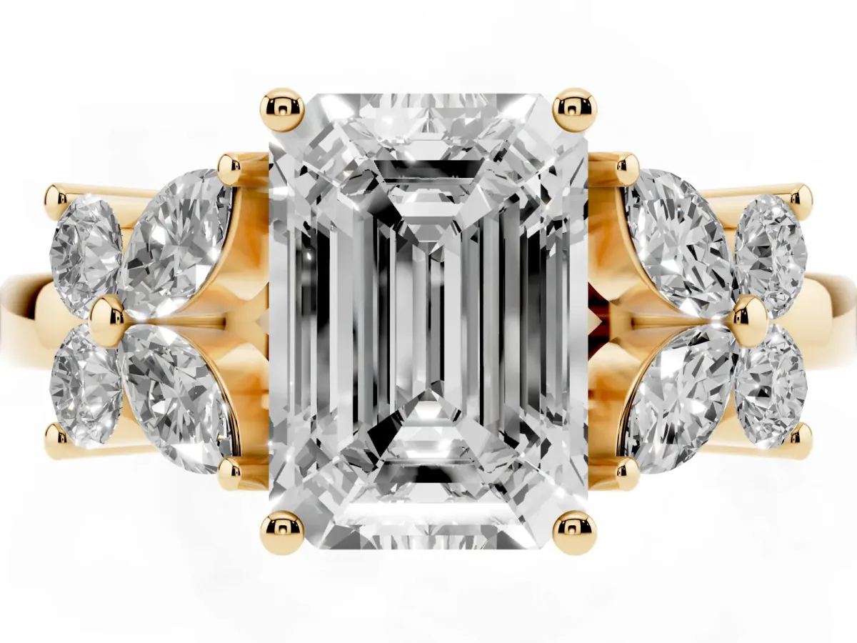 Emerald Cut Diamond Floral Cluster Ring with Solitaire Band and Prong Setting Yellow gold