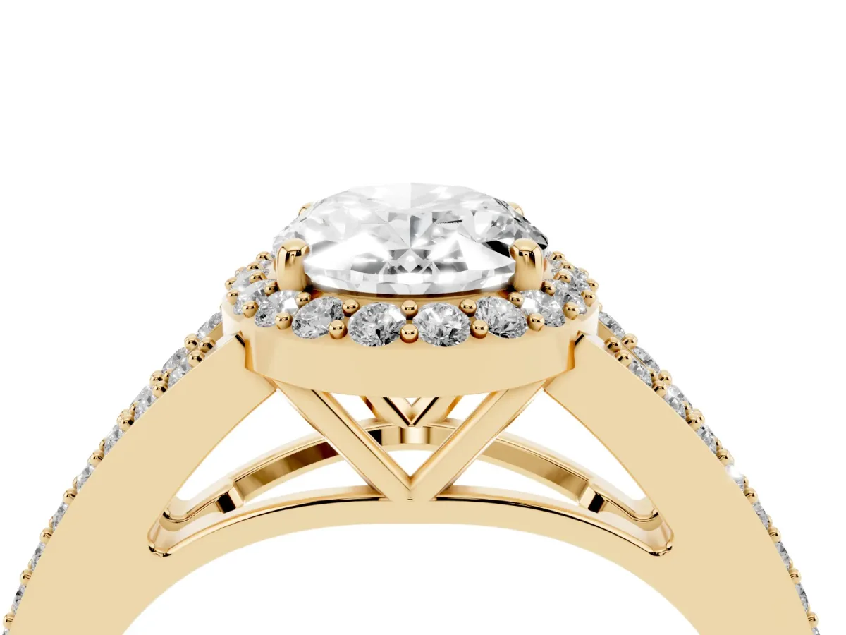 Oval Cut Halo Split Shank Pave Diamond Ring with Four-Prong Setting Yellow gold