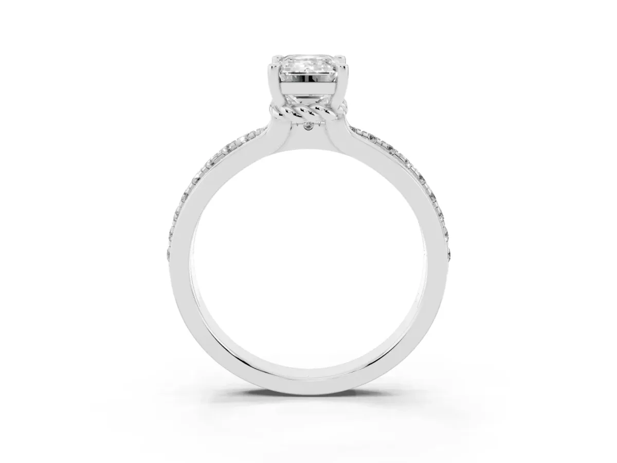 Emerald Cut Solitaire Diamond Ring with Channel Set Band and Six-Prong Setting Silver