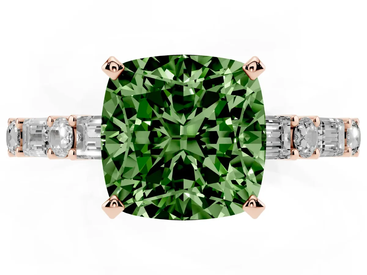 Fancy Green Cushion Cut Diamond Solitaire with Side Baguettes and Channel Set Band Rose gold