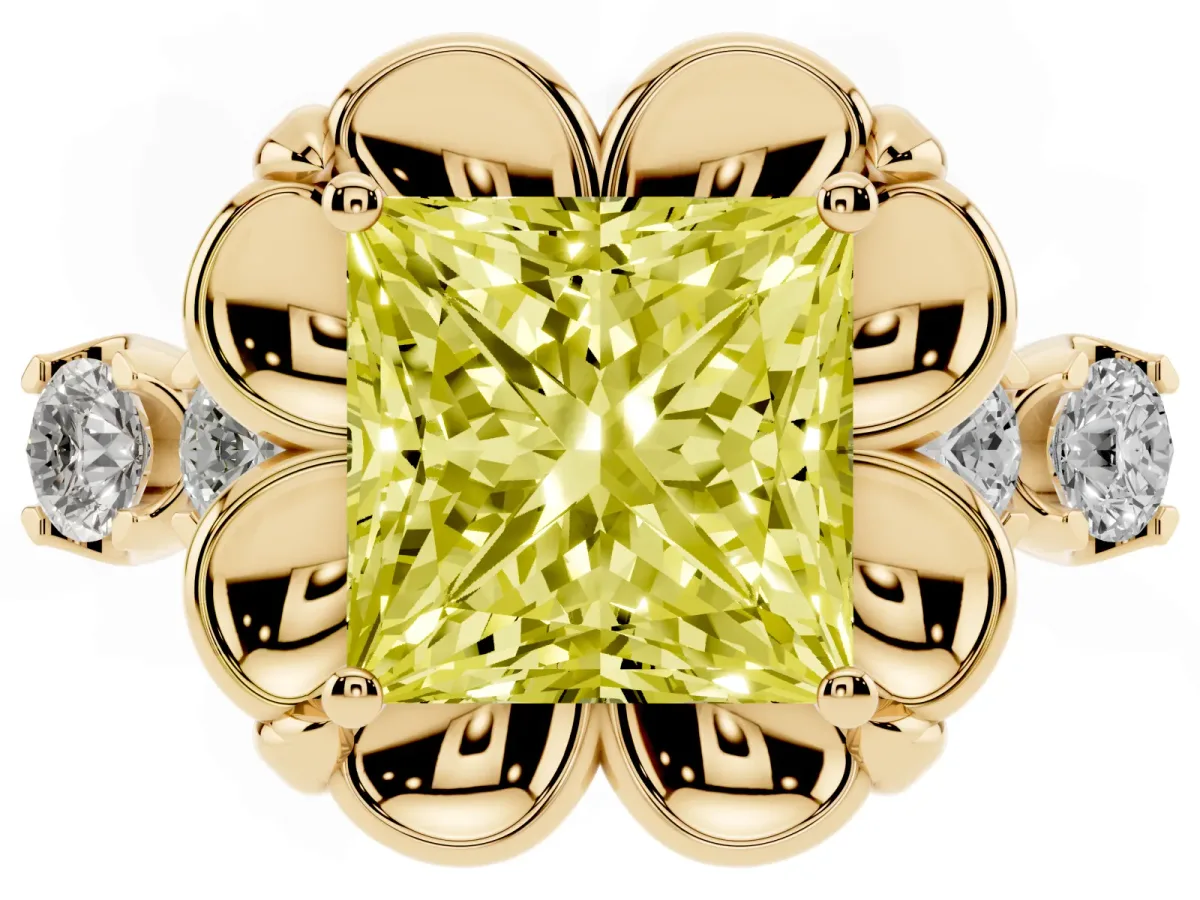 Fancy Yellow Princess Cut Cut Diamond Floral Halo Engagement Ring with Shared Prong Setting Yellow gold