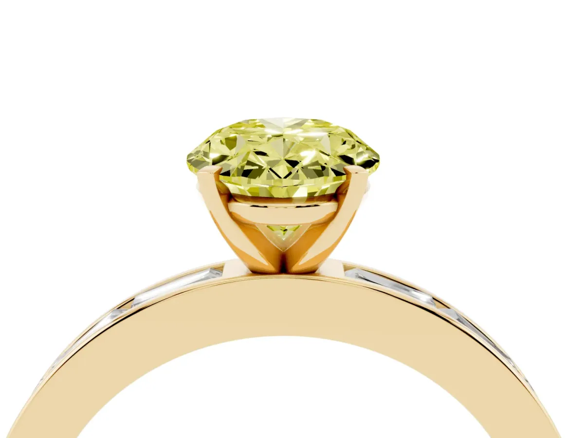 Fancy Yellow Oval Cut Solitaire Diamond Ring with Channel-Set Baguette Band and Four-Prong Setting Yellow gold