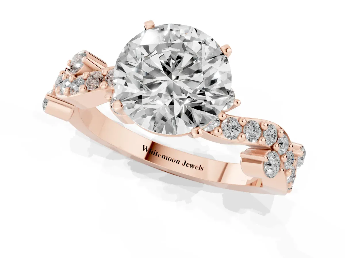 Round Cut Cut Solitaire Diamond Twisted Band with Pave Setting Rose gold