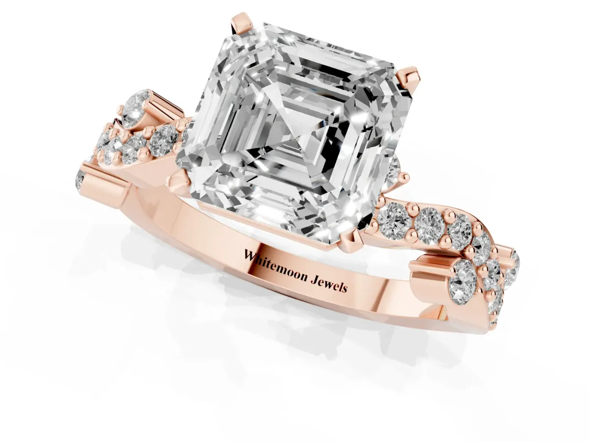 Asscher Cut Cut Solitaire Diamond Twisted Band with Pave Setting Rose gold