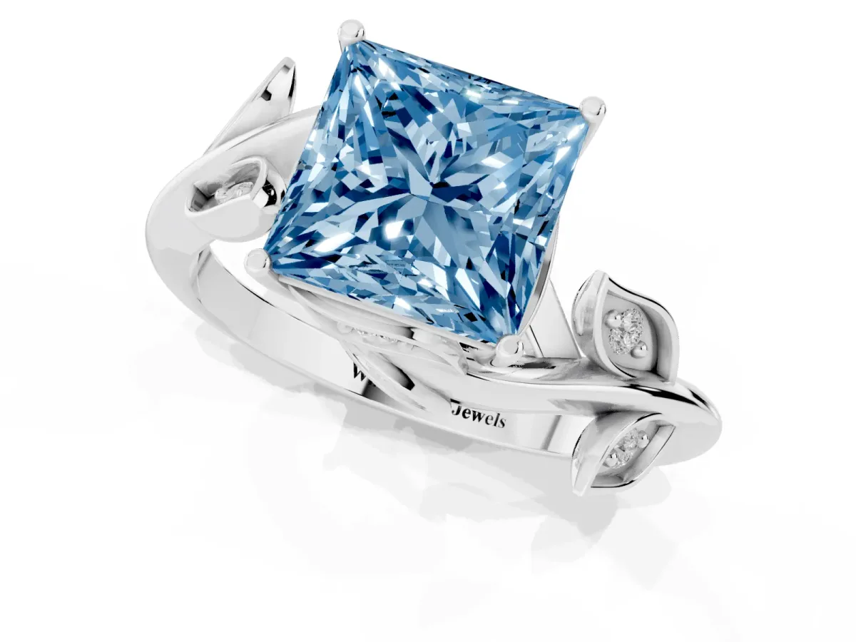 Fancy Blue Princess Cut Solitaire Twist Engagement Ring with Leaf Accents and Prong Setting Silver