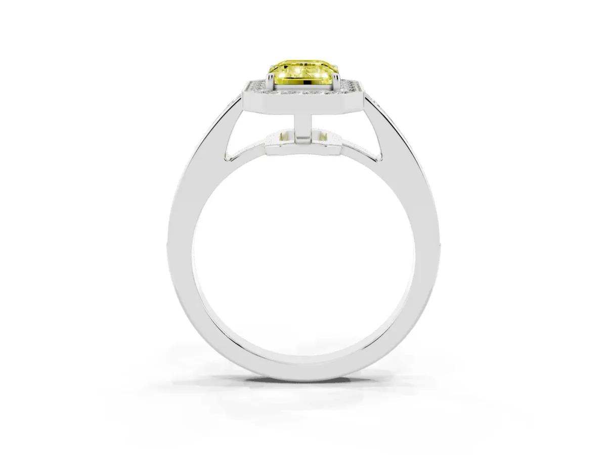 Fancy Yellow Emerald Cut Halo Pavé Diamond Engagement Ring with Bezel Setting Silver