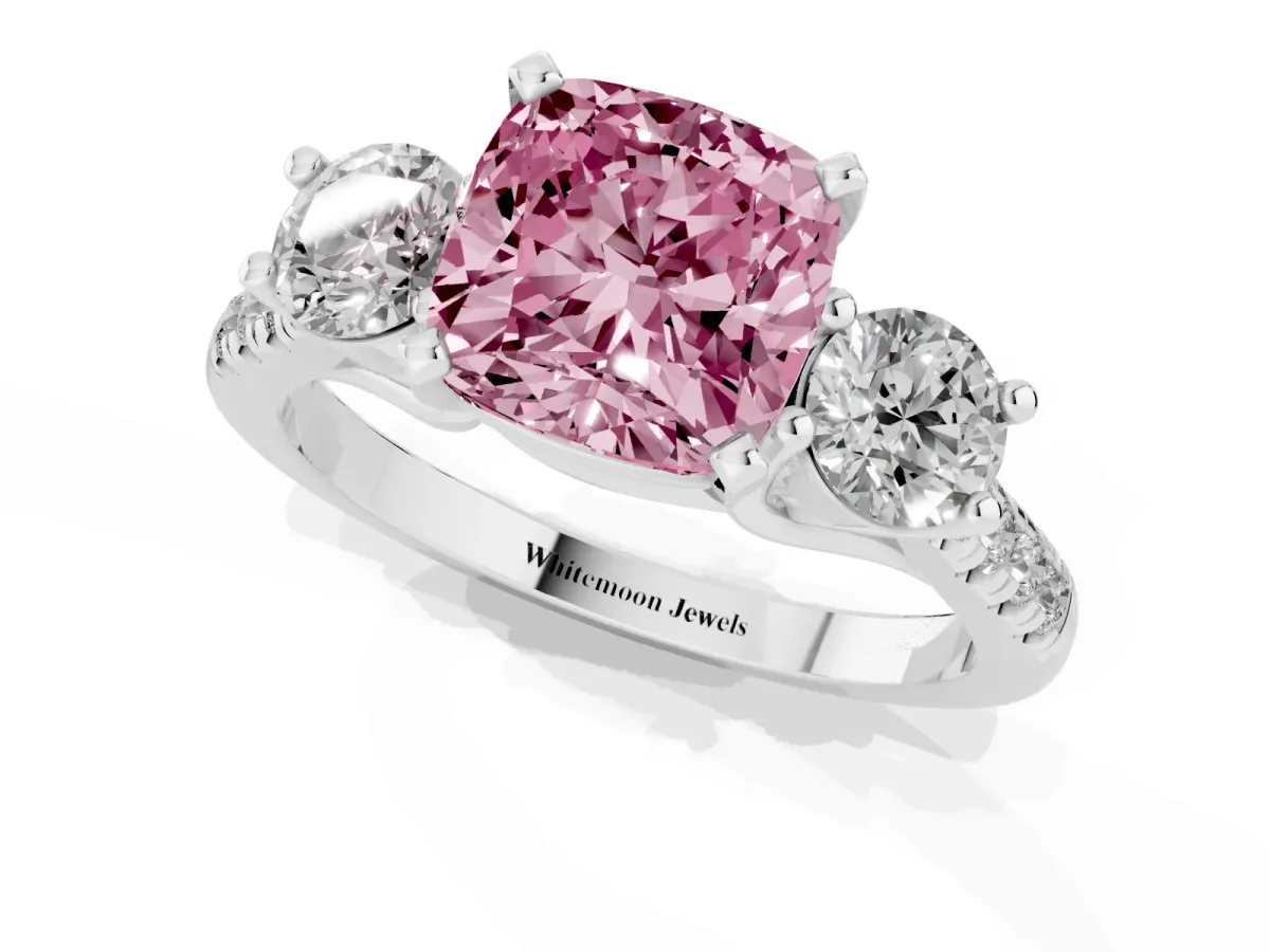 Fancy Pink Three-Stone Cushion Cut Diamond Pavé Band with Four-Prong Setting Silver