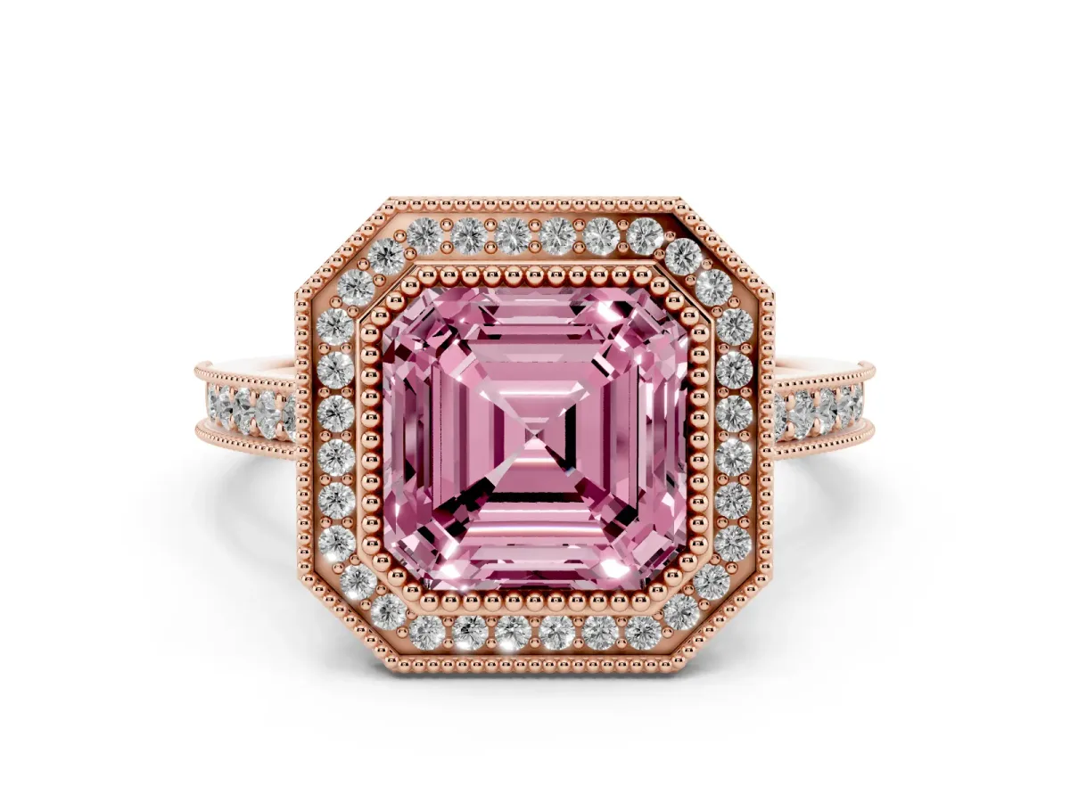 Fancy Pink Halo Asscher Cut-Cut Diamond Pave Band Milgrain Prong Setting Ring Rose gold