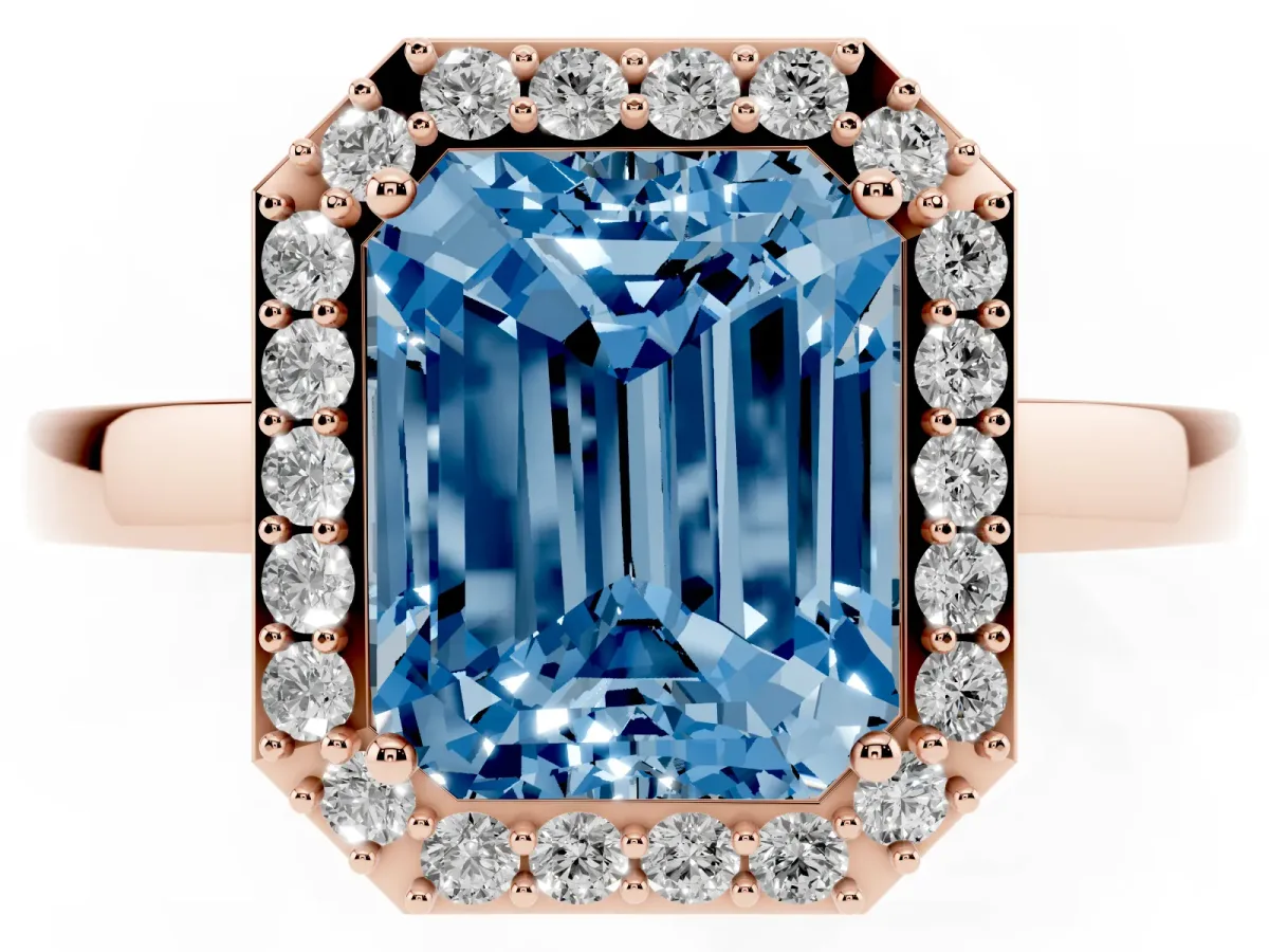 Fancy Blue Radiant Cut Halo Diamond Ring with Solitaire Band and Prong Setting Rose gold