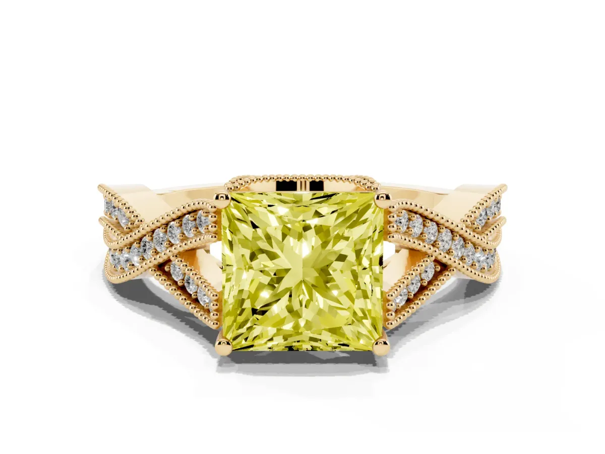 Fancy Yellow Princess Cut Cut Diamond Twisted Band with Milgrain Pave Setting and Four-Prong Setting Yellow gold